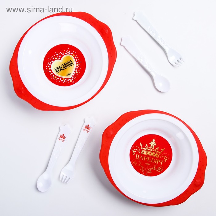 фото Набор детской посуды: тарелка на присоске 250мл, вилка, ложка, цвет красный звезды микс mum&baby
