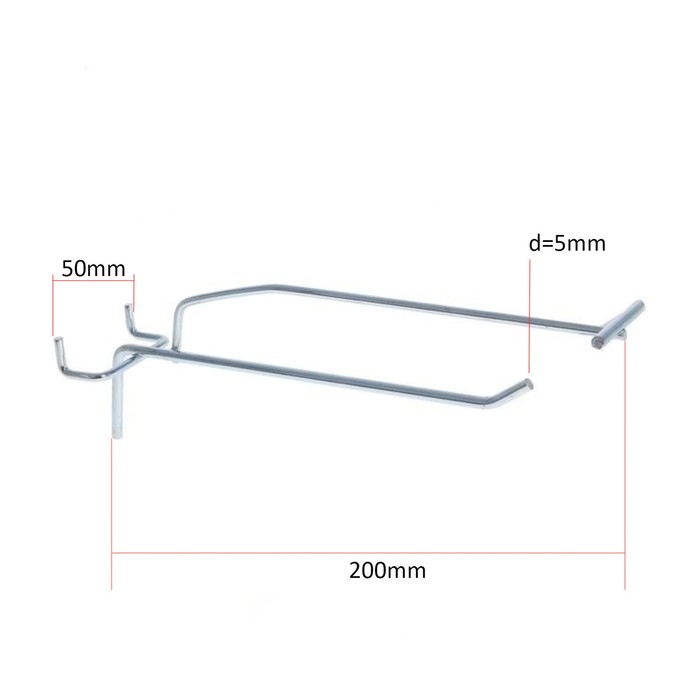 Крючок одинарный с ценникодержателем для ДСП перфорации, шаг 50мм, d=5мм, L=200мм, цвет хром