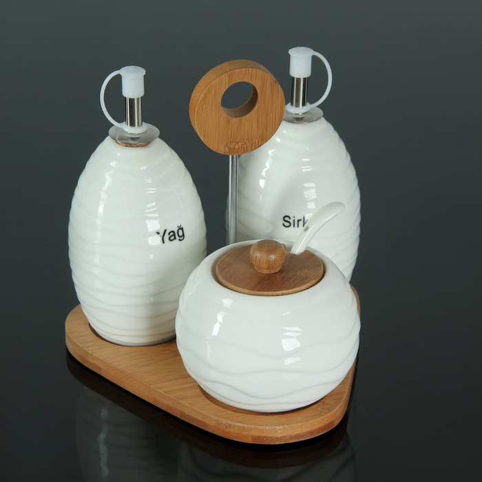 Набор для соусов и масел "Эстет", 3 предмета: 2 соусника 250 мл, сахарница 270 мл, на деревянной подставке