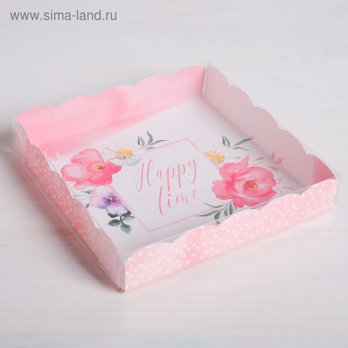 Коробка для печенья, кондитерская упаковка с PVC крышкой, Happy time, 15 х 15 х 3 см