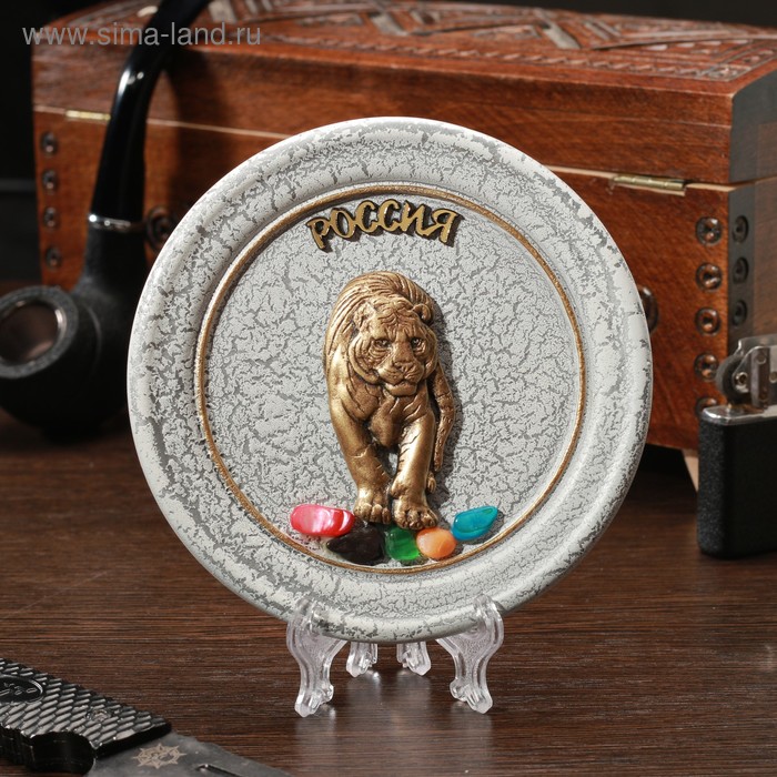 Тарелка сувенирная Тигр, керамика, гипс, минералы, d=11 см
