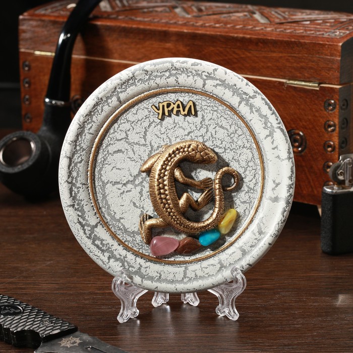 Тарелка сувенирная "Ящерка гипс", керамика, гипс, минералы, d=11 см