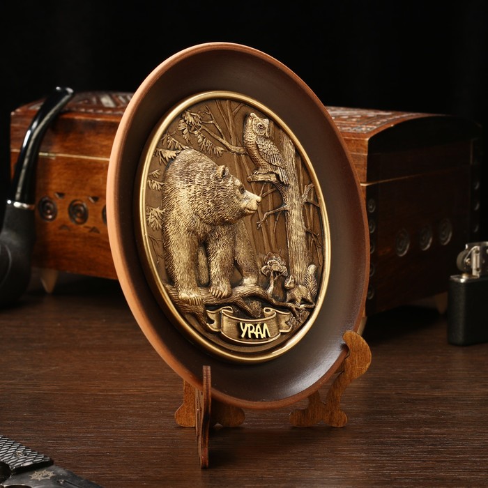 Тарелка сувенирная "Медведь,сова и белка", керамика, гипс, d=16 см