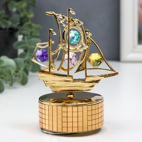 УЦЕНКА Музыкальный сувенир с кристаллами "Пиратский корабль" золото 12,2х9,3 см от Сима-ленд