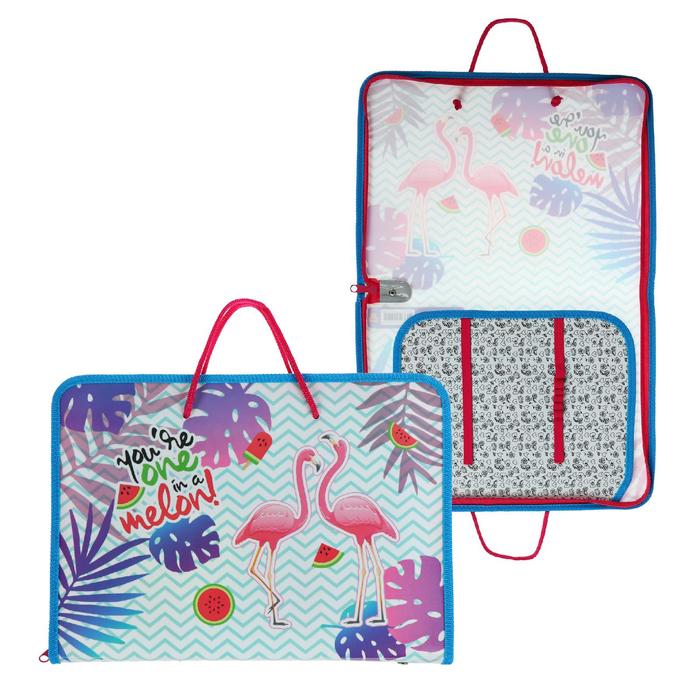 Папка для труда А4 с ручками, молния вокруг, пластиковая, ПТР-6, «Фламинго и листья»