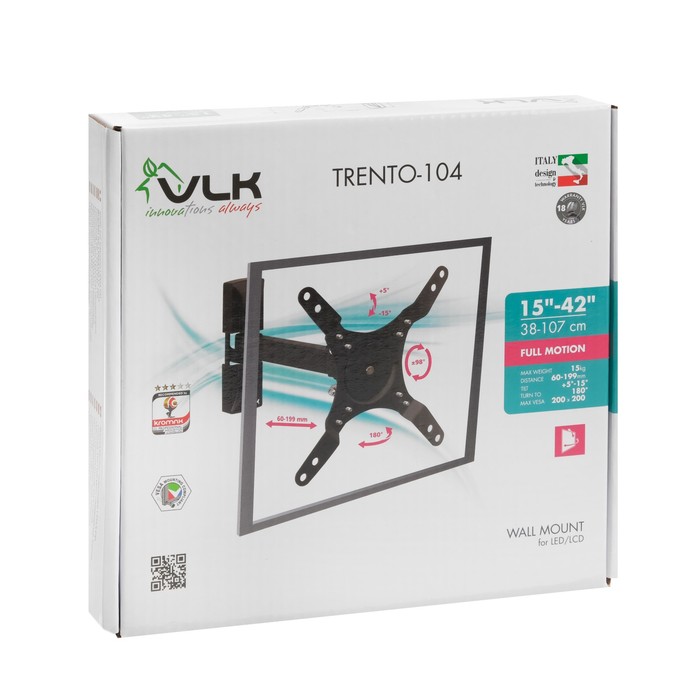 Кронштейн VLK TRENTO-104, для ТВ, наклонно-поворотный, 15-42", 60-199 мм от стены, черный