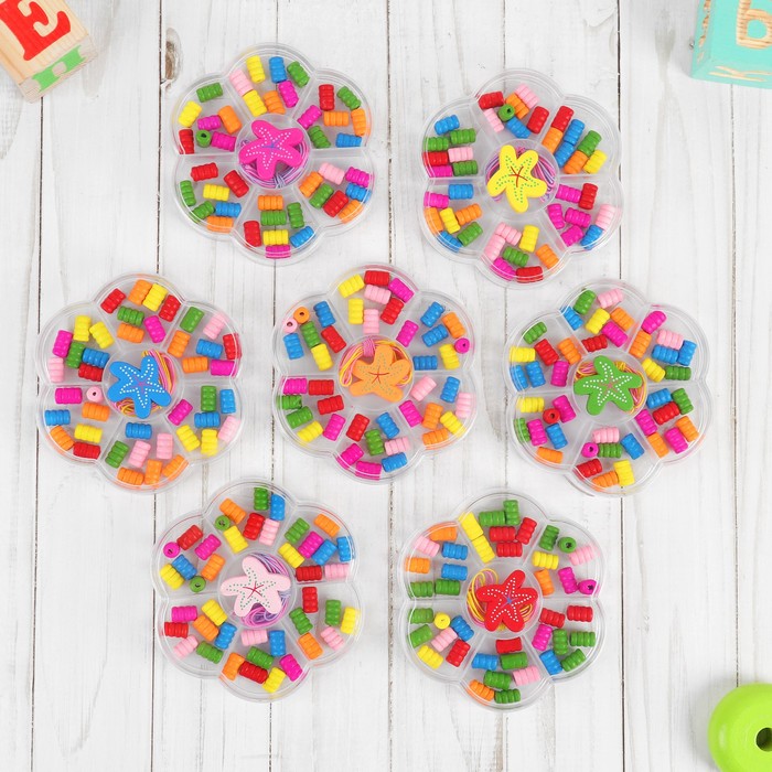 Шнуровка длинные бусинки в пластиковой коробочке, МИКС