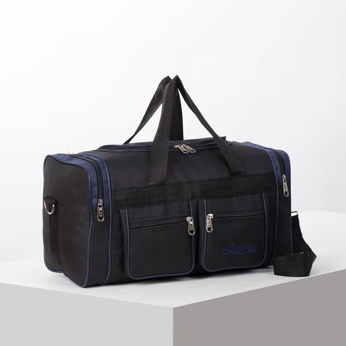 фото Сумка спортивная, 3 отдела на молниях, 2 наружных кармана, длинный ремень, цвет чёрный/синий