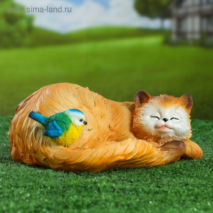 Садовая фигура Кошка спящая с птичкой 13х29см