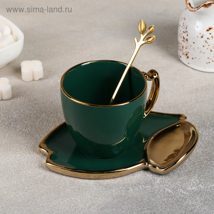 Чайная пара керамическая «Ливона», 3 предмета: чашка 200 мл, блюдце d=14 см, ложка, цвет изумрудный