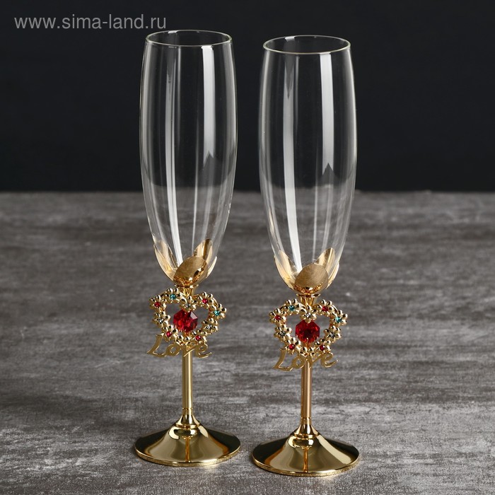 фото Бокалы свадебные с кристаллами swarovski "цветущая любовь" золото 23,5х6,1 см (набор 2 шт) crystocraft