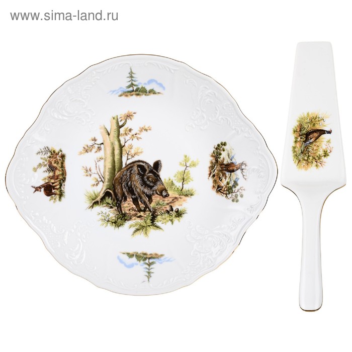 Тарелка для торта с лопаткой Bernadotte, декор «Охотничьи сюжеты», 27 см