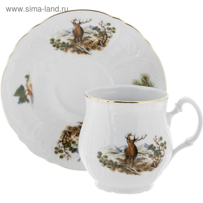 Чашка для чая 310 мл с блюдцем 160 мм Bernadotte, декор «Охотничьи сюжеты», цвет МИКС