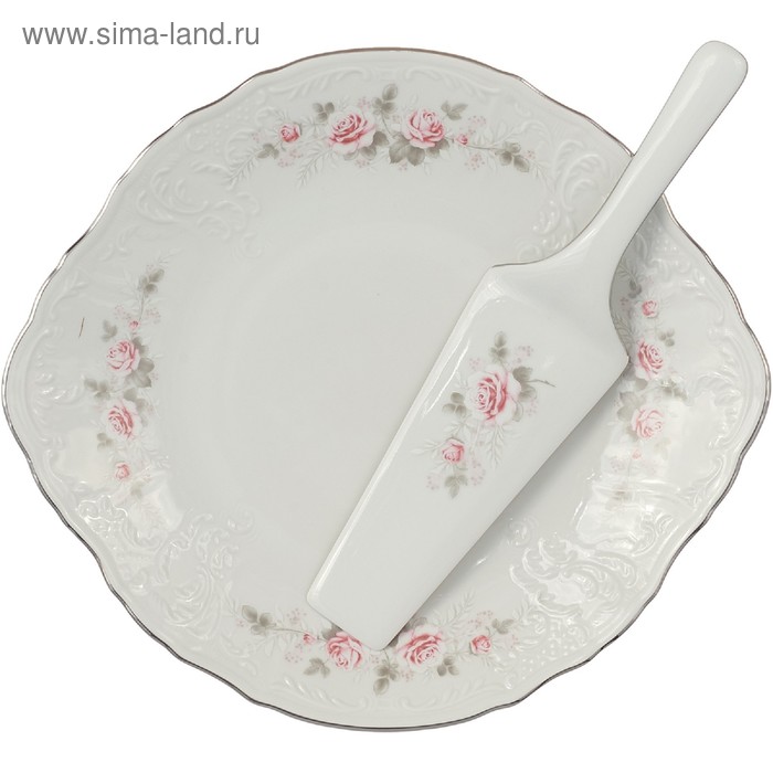 фото Тарелка для торта с лопаткой 27 см, bernadotte, декор "бледные розы, отводка платина" thun 1794 a.s.