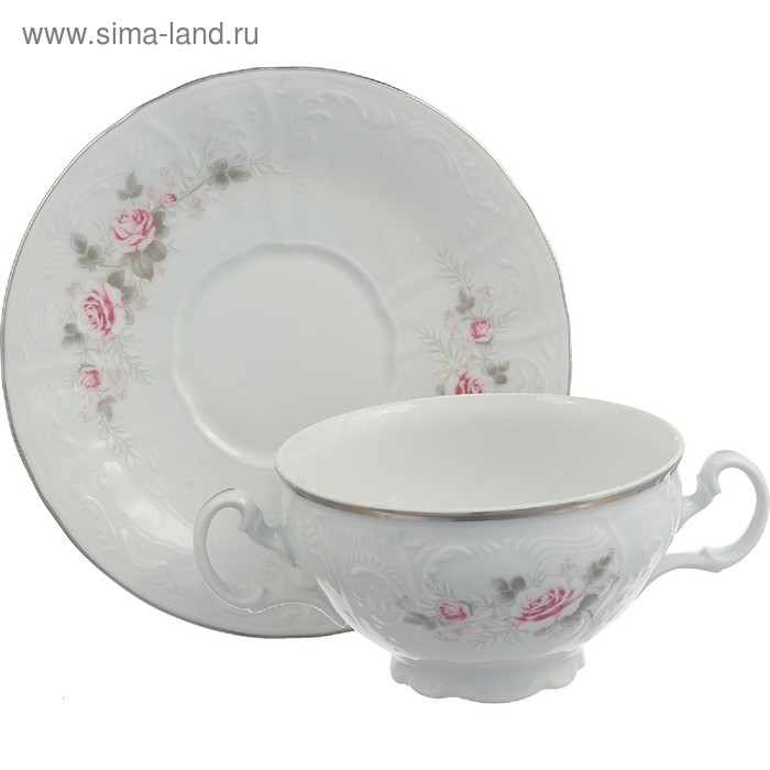 цена Чашка с блюдцем для бульона Bernadotte, декор «Бледные розы, отводка платина»