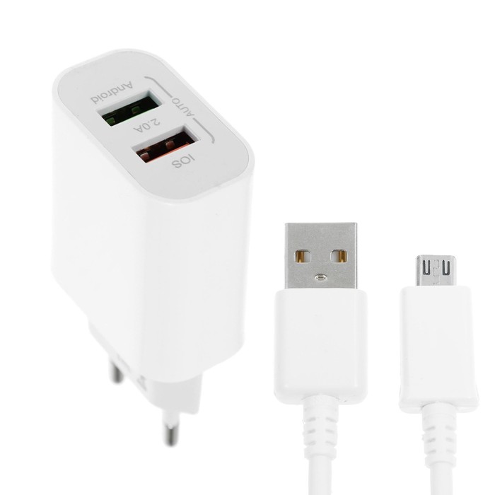 Сетевое зарядное устройство LuazON LCC-96, 2 USB, 2 A, кабель microUSB, белое