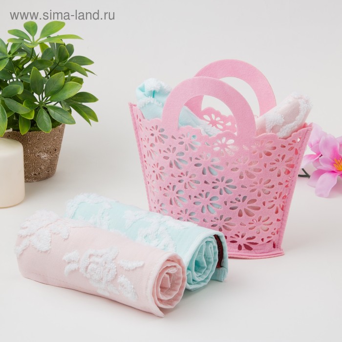 фото Набор полотенец в корз. "сумочка" (вид3) 35*35 см-2шт,100% хлопок