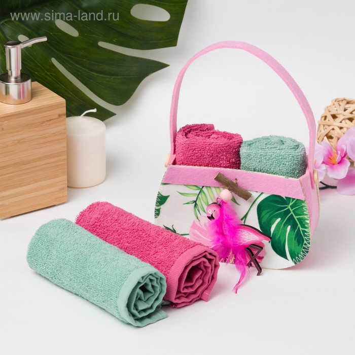 фото Набор полотенец в корз. "тропики" 30х30 см-2 шт, 100% хлопок, 360 гр/м2
