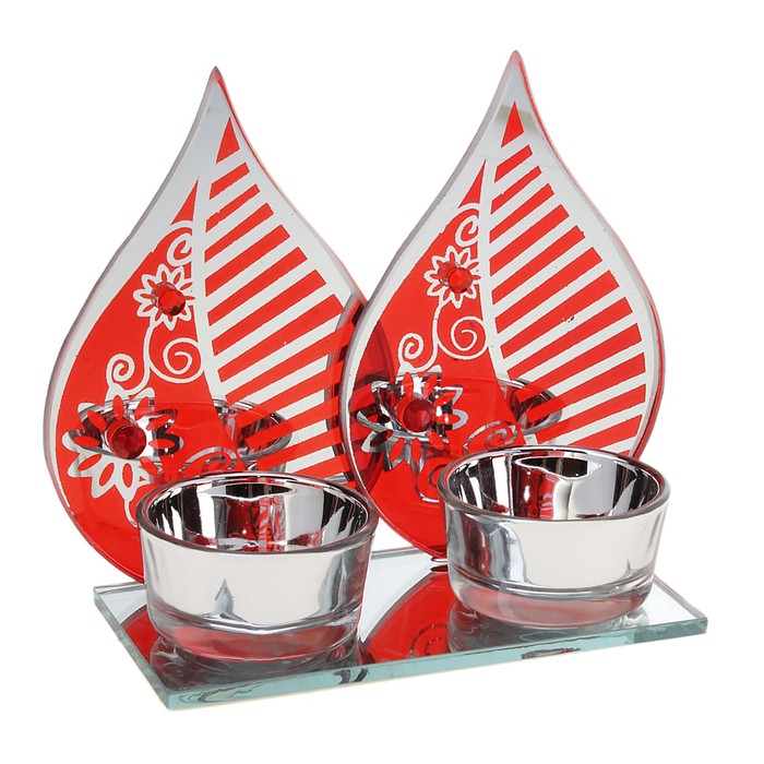 Подсвечник на 2 свечи "Листик с узором", цвет красный