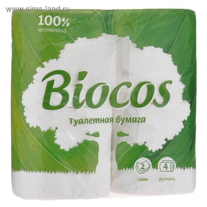 цена Туалетная бумага BioCos, 2 слоя, 4 рулона