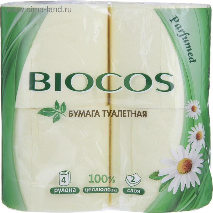 цена Туалетная бумага BioCos с ароматом ромашки, 2 слоя, 4 рулона в упаковке