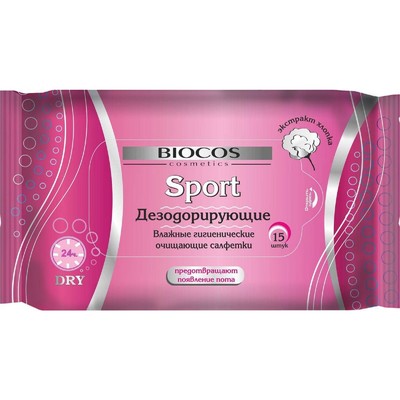 Дезодорирующие влажные салфетки для женщин BioCos Sport, 15 шт.