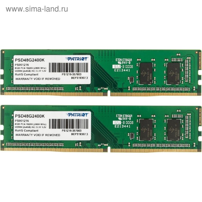 

Память DDR4 Patriot PSD48G2400K, 4Гбx2, 2400 МГц, PC4-19200, DIMM