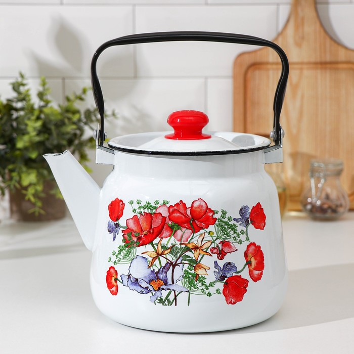 фото Чайник «цветы красные», 3,5 л, белый с кнопкой сибирские товары