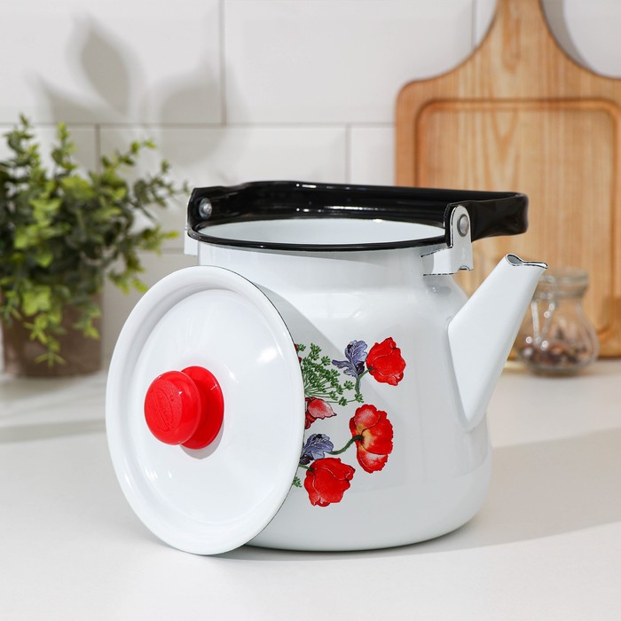 Чайник «Цветы красные», 3,5 л, белый с кнопкой