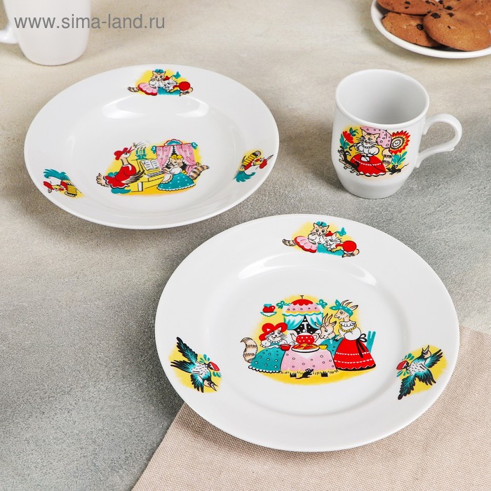 фото Набор посуды «кошкин дом», 3 предмета: тарелка мелкая 20 см, тарелка глубокая 20 см, кружка 210 мл дулевский фарфор