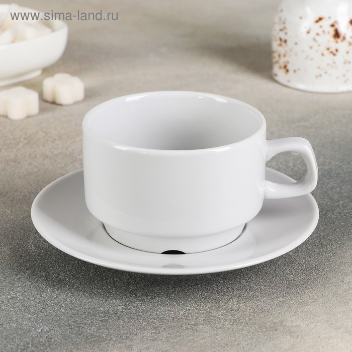 Чайная пара фарфоровая «Белая», 250 мл, чашка d=9,1 см, блюдце d=14,8 см, штабелируемая чашка чайная фарфоровая бельё 200 мл штабелируемая