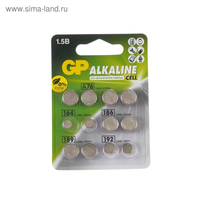 Батарейки алкалин GP, LR44(A76)-4шт,LR60(164)-2шт,LR43(186)-2шт,LR54(189)-2шт,LR41(192)-2шт батарейка gp набор alcaline cell lr44 lr60 lr43 lr54 lr41 в упаковке 12 шт