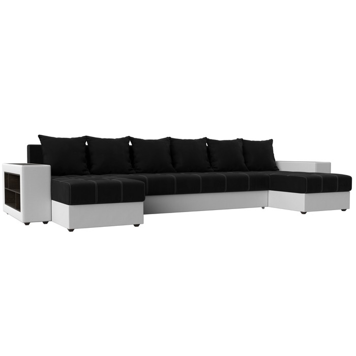П-образный диван «Дубай», механизм еврокнижка, цвет чёрный микровельвет / белая экокожа 