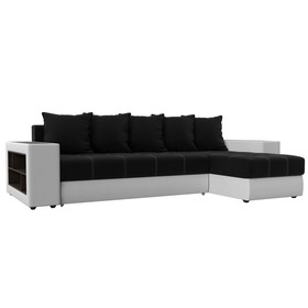Угловой диван «Дубай», еврокнижка, правый угол, цвет чёрный микровельвет / белая экокожа