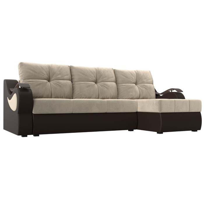 Угловой диван «Меркурий», еврокнижка, микровельвет, цвет бежевый / коричневая экокожа