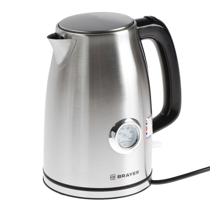 чайник brayer br1022 серебристый Чайник электрический BRAYER BR1022, металл, 1.7 л, 2200 Вт, термометр, серебристый