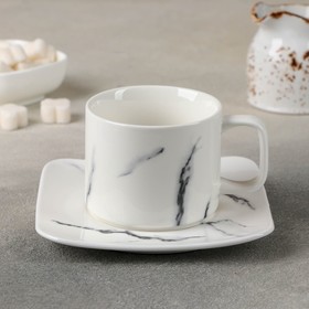 Чайная пара «Мрамор», чашка 220 мл, 11×8,5×6,7 см, блюдце 14×1,5 см, цвет белый