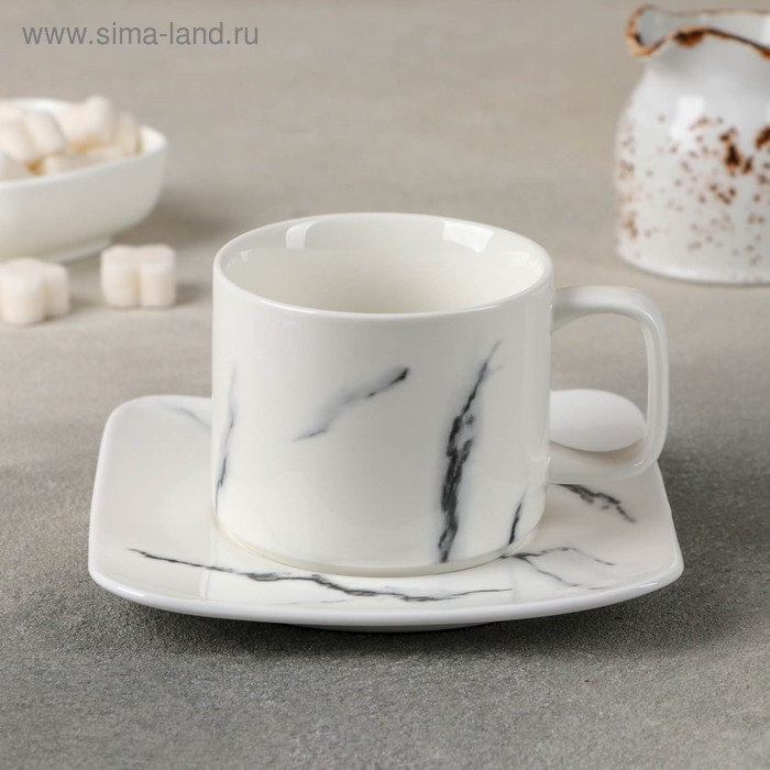Чайная пара керамическая «Мрамор», 2 предмета: чашка 220 мл, блюдце d=14 см, цвет белый чайная пара экспресс чашка 220 мл блюдце d 14 см фарфор