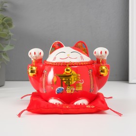 Копилка керамика "Кот манэки-нэко красный с колокольчиками" 10,5х13,5х9 см