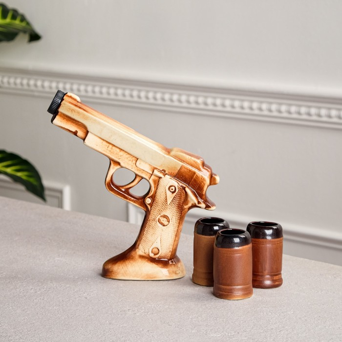 фото Набор для коньяка "пистолет", под шамот, 4 предмета в наборе, 0.4 л / 0.08 л, микс керамика ручной работы