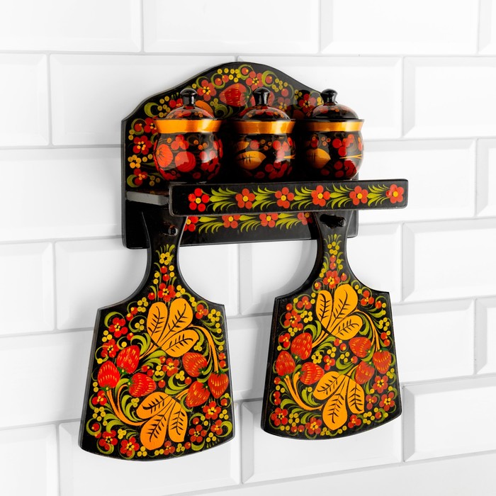 фото Набор «земляничка», 6 предметов: 2 доски, 3 банки, подставка, хохлома