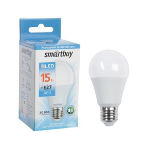 Лампа светодиодная Smartbuy, А60, Е27, 15 Вт, 6000 К, холодный белый свет