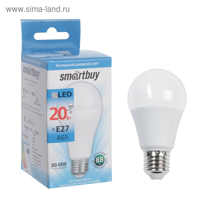 Лампа cветодиодная Smartbuy, E27, A65, 20 Вт, 6000 К, холодный белый свет лампа cветодиодная smartbuy e27 a60 9 вт 3000 к теплый белый свет