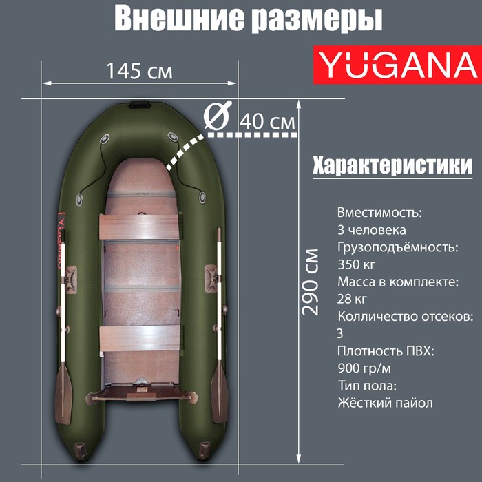 фото Лодка yugana 2900 ск light, слань+киль, цвет олива