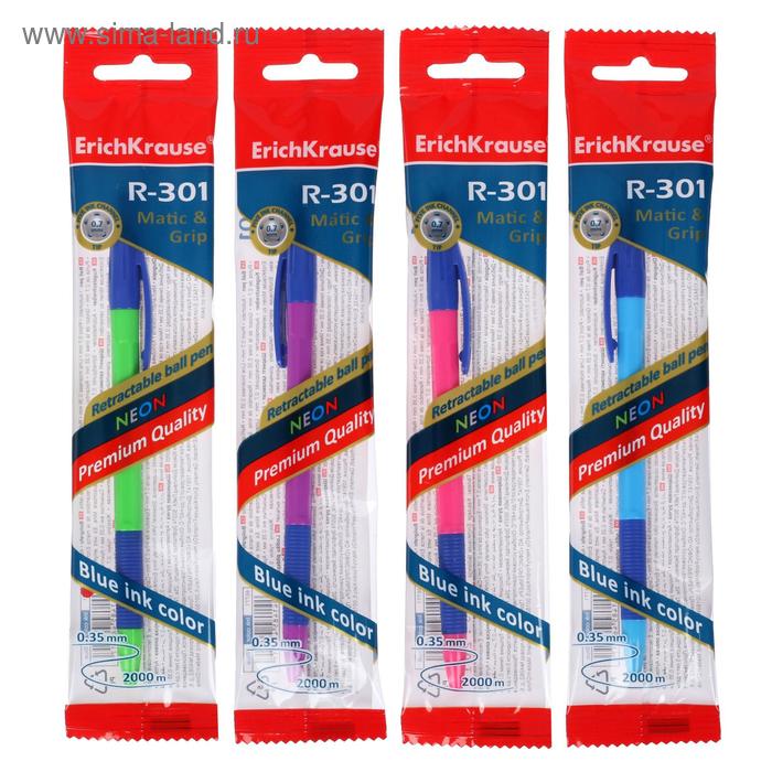 

Ручка шариковая автомат ErichKrause "R-301 Neon Matic Grip" узел 0.7, чернила синие, корпус МИКС