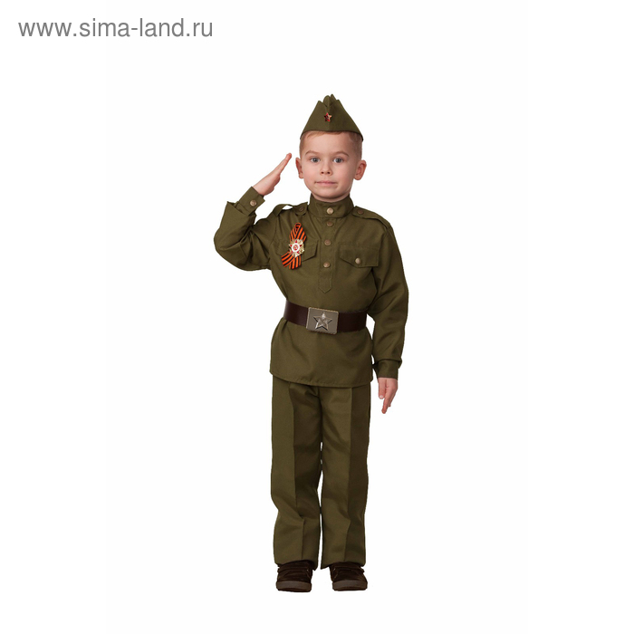 фото Карнавальный костюм «солдат», гимнастёрка, брюки, пилотка, ремень, брошь, р. 34, рост 134 см батик