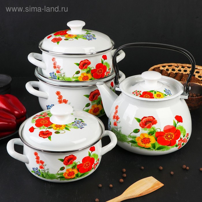 фото Набор посуды «франческа», 4 предмета: кастрюли 1,5 л, 2 л, 3 л, чайник 3 л керченская эмаль