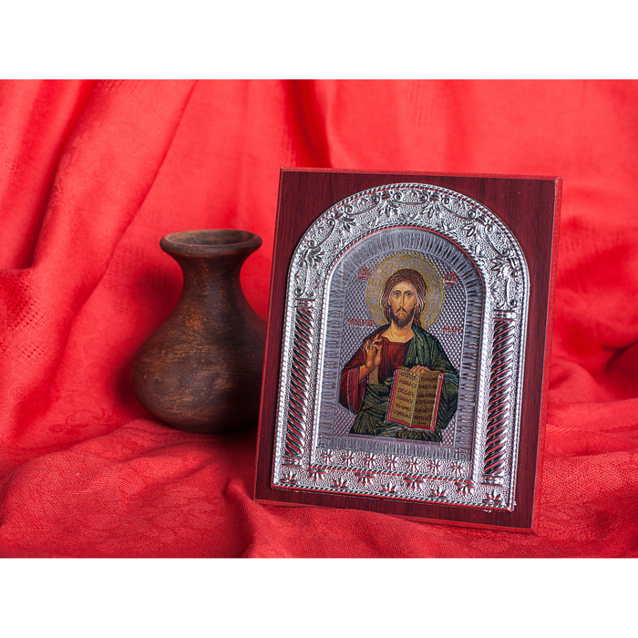 Икона "Иисус Христос" серебристая на подставке