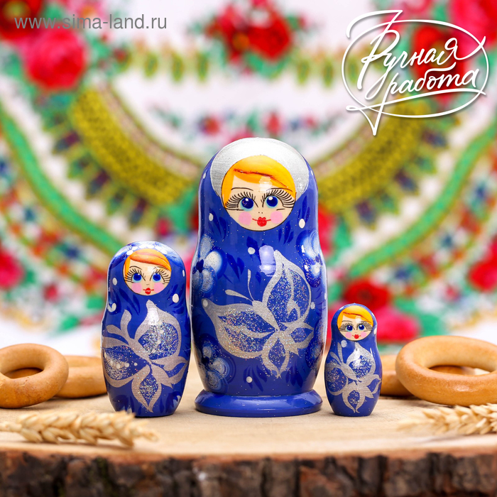 

Матрёшка 3-х кукольная «Бабочка», синяя, 11 см