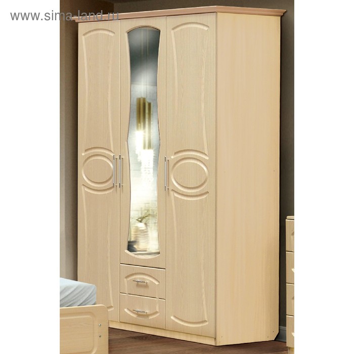 Шкаф 3-х дверный «Венеция 1» с 2-мя ящиками и зеркалом, цвет дуб молочный / дуб выбеленный кровать двойная с ящиками венеция 3 1200 × 1900 мм цвет дуб молочный дуб выбеленный